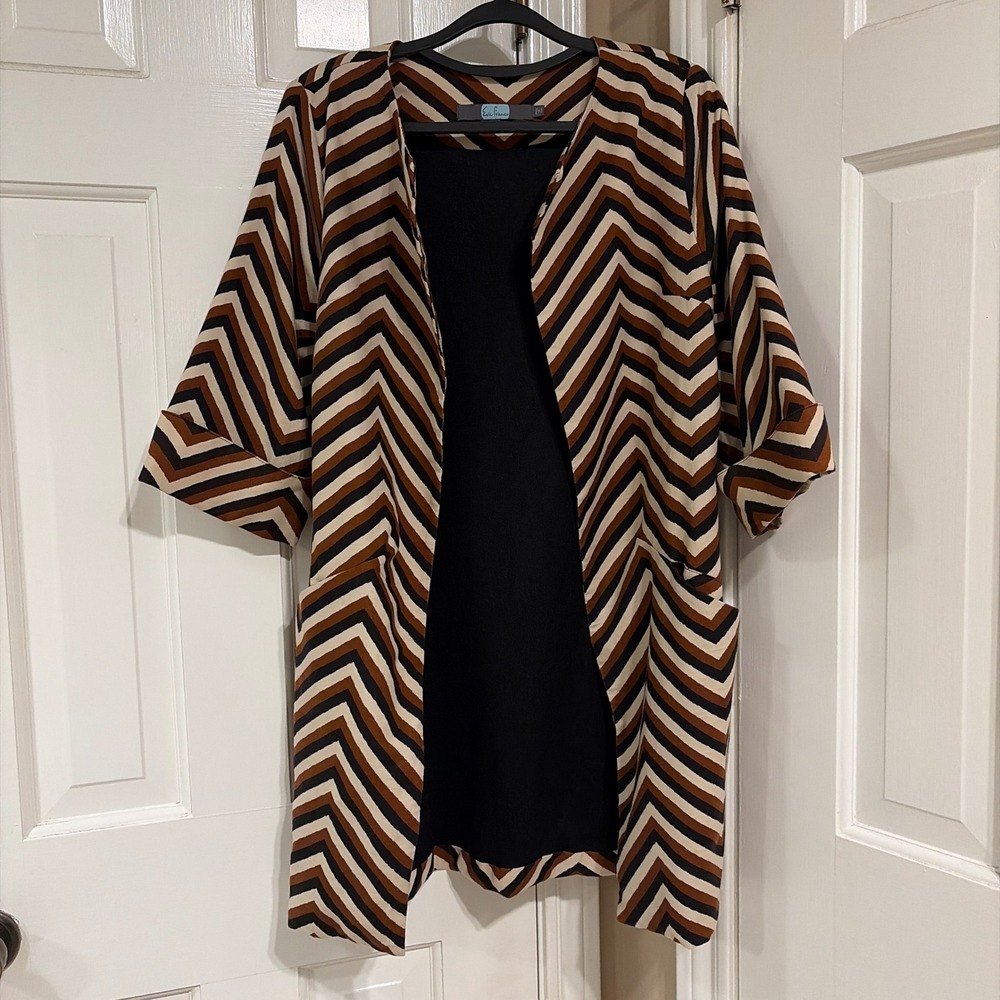Eva Franco Womens Striped Open Blazer Black Brown XS/S Chevron Anthropologie